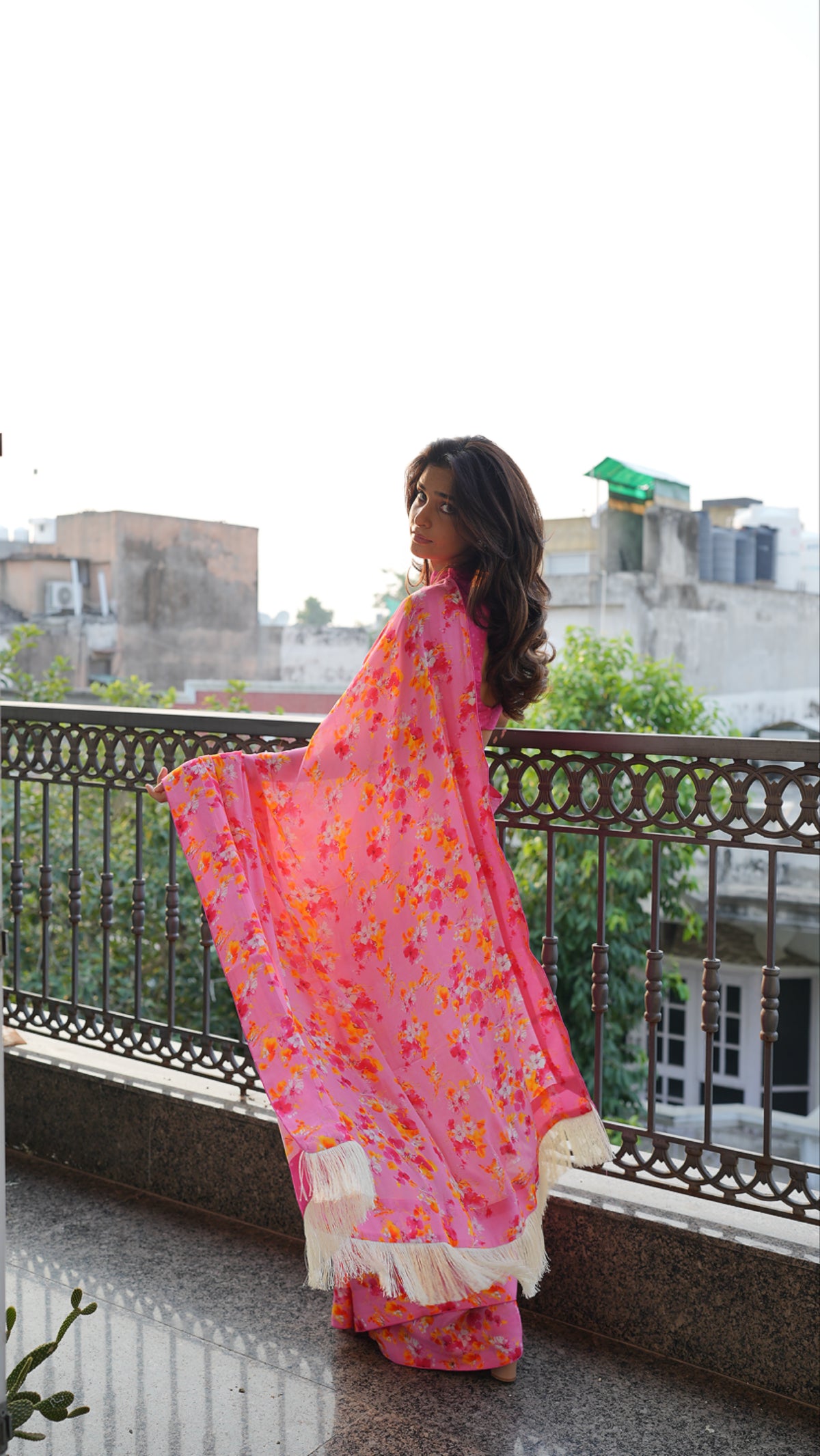 PINK FLORAL CREPE SAREE