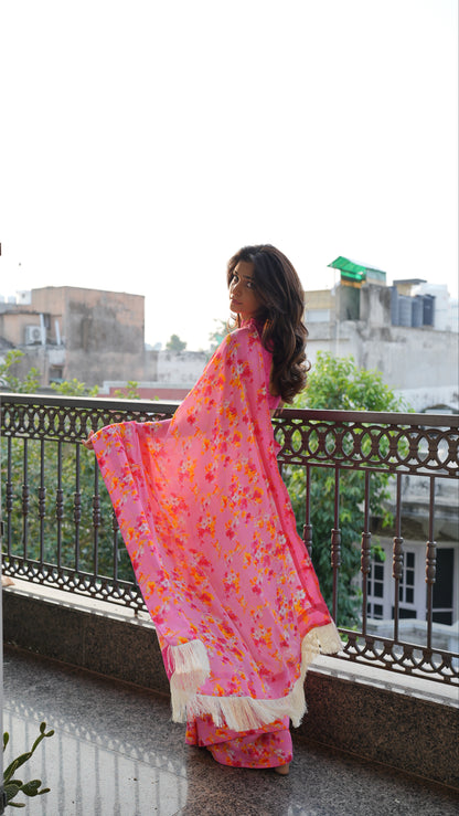 PINK FLORAL CREPE SAREE