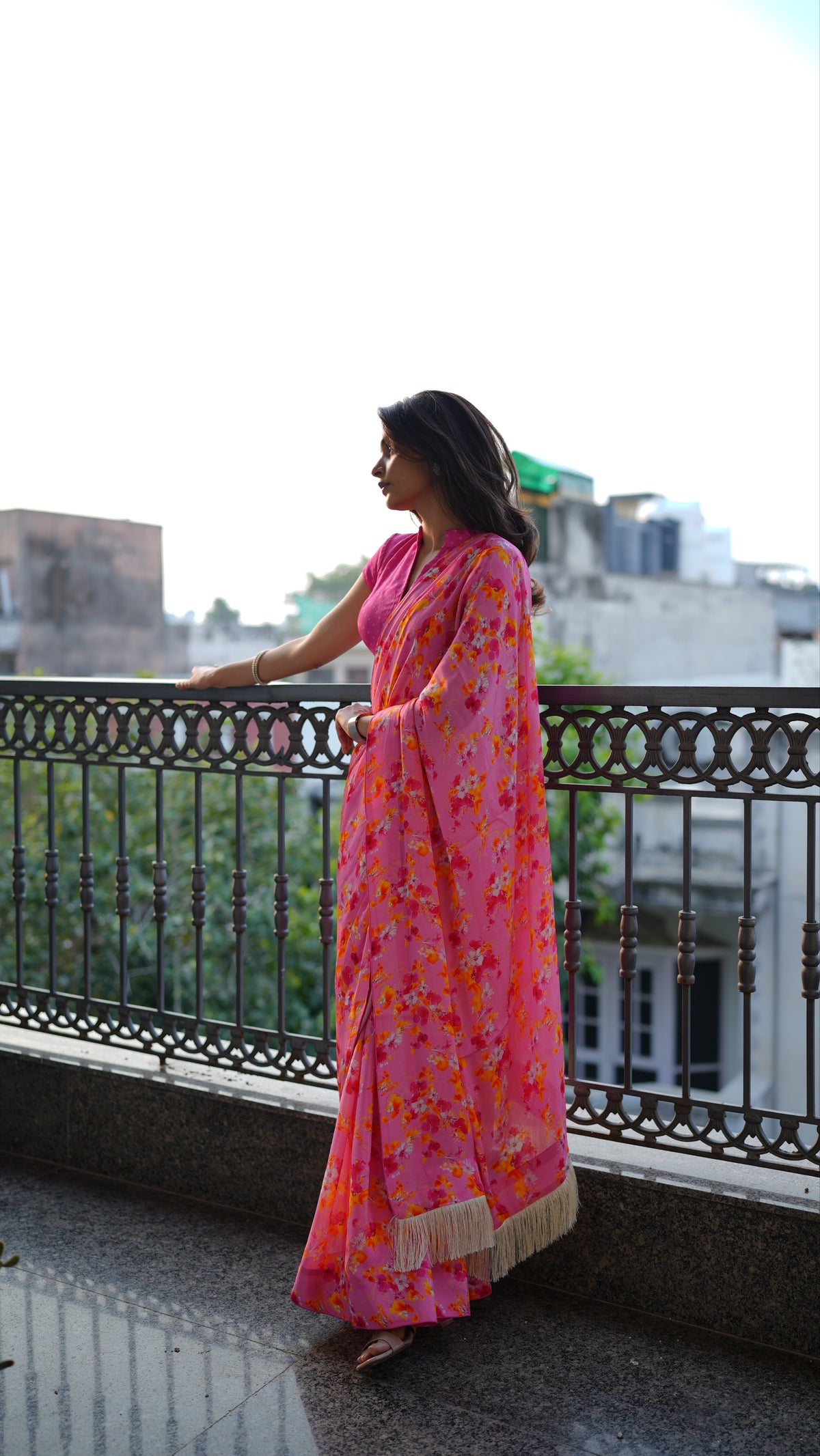 PINK FLORAL CREPE SAREE