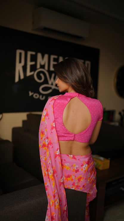 PINK FLORAL CREPE SAREE