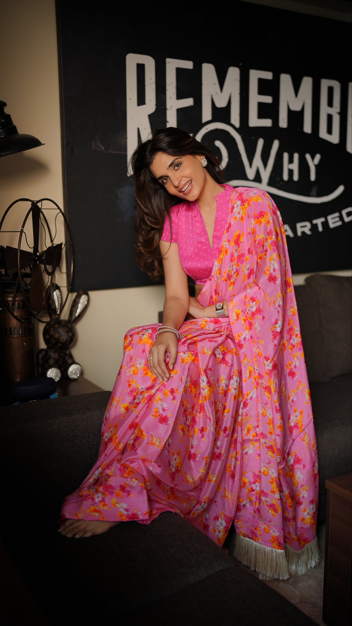 PINK FLORAL CREPE SAREE