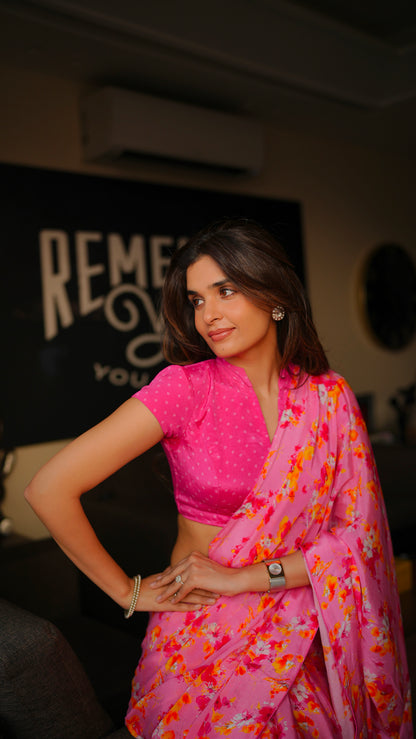 PINK FLORAL CREPE SAREE