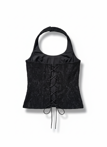 BLACK VELVET SELF-DESIGN HALTER CORSET