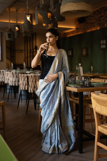 ICE BLUE BANARASI CRUSHED TISSUE SILK SAREE