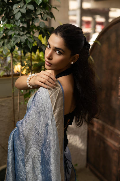ICE BLUE BANARASI CRUSHED TISSUE SILK SAREE